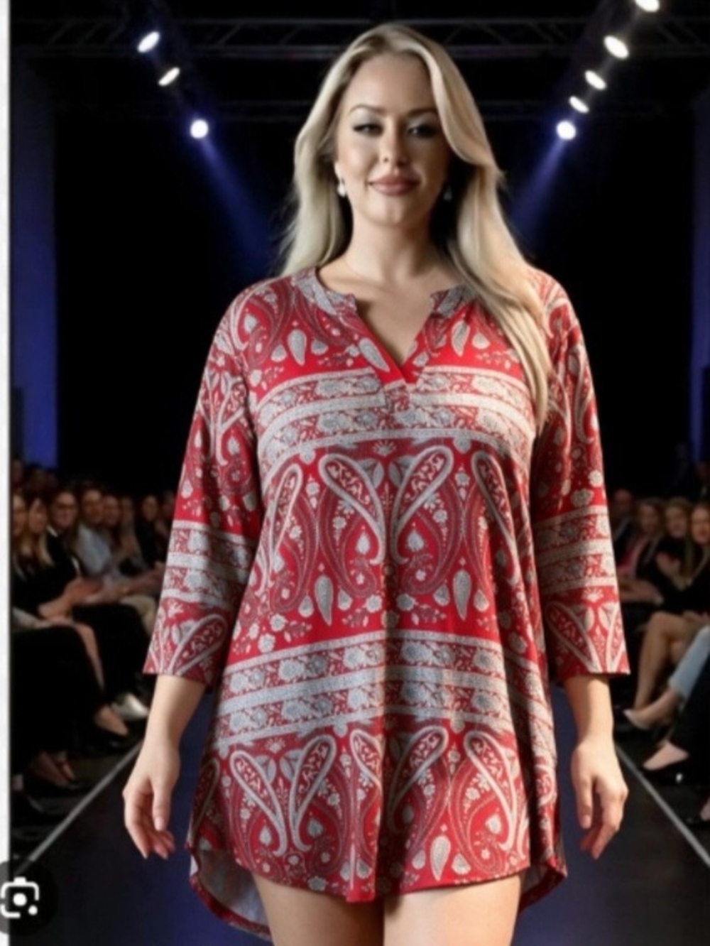 A. Jesdani Women's Red Paisley Tunic Top - Relaxed V-Neck FREE Earrings Inc